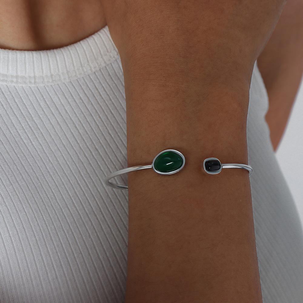 Elegant Women's Bracelets Bangles With Green Black Agate Stone 18K Gold Plated Stianless Steel Cuff Bracelet Bangle For Women