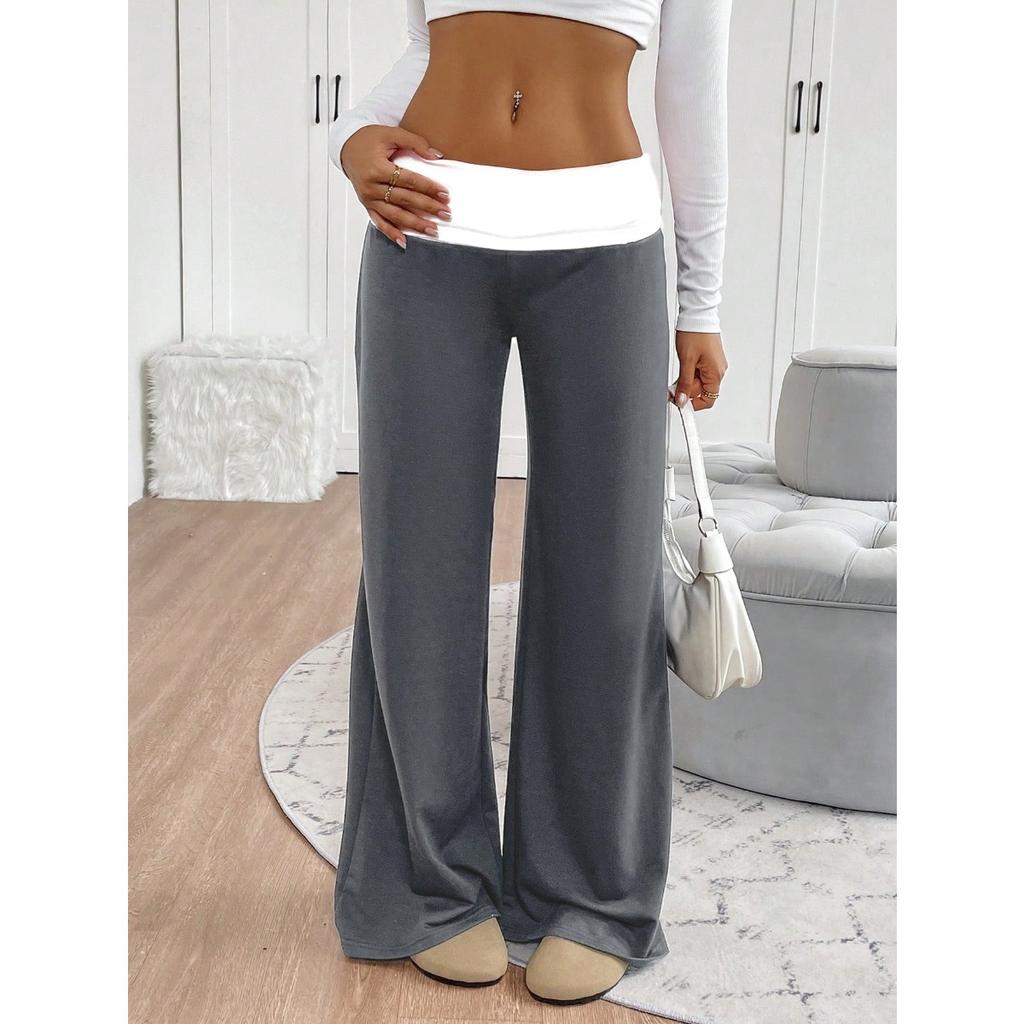 Women's Mid Waist Fold Over Flare Pants Casual Loose Wide Leg Yoga Trousers