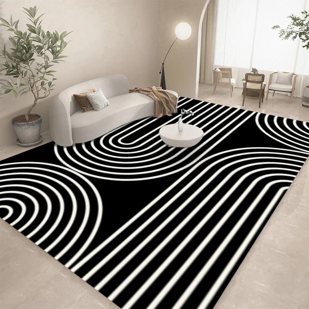 Black White Geometric Line Abstract Art Carpet Living Room Sofa Decor Kitchen Table Mat Leisure Room Nonslip Floormat Halloween