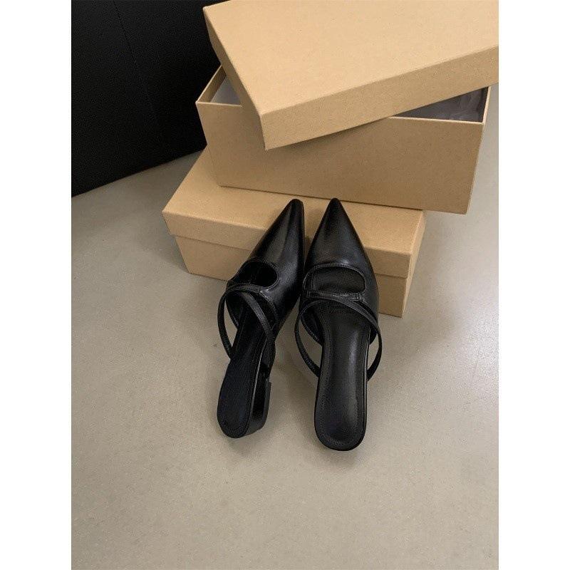 Women's bag head half slippers women's summer wear pointed head temperament soft leather flat bottom sandals