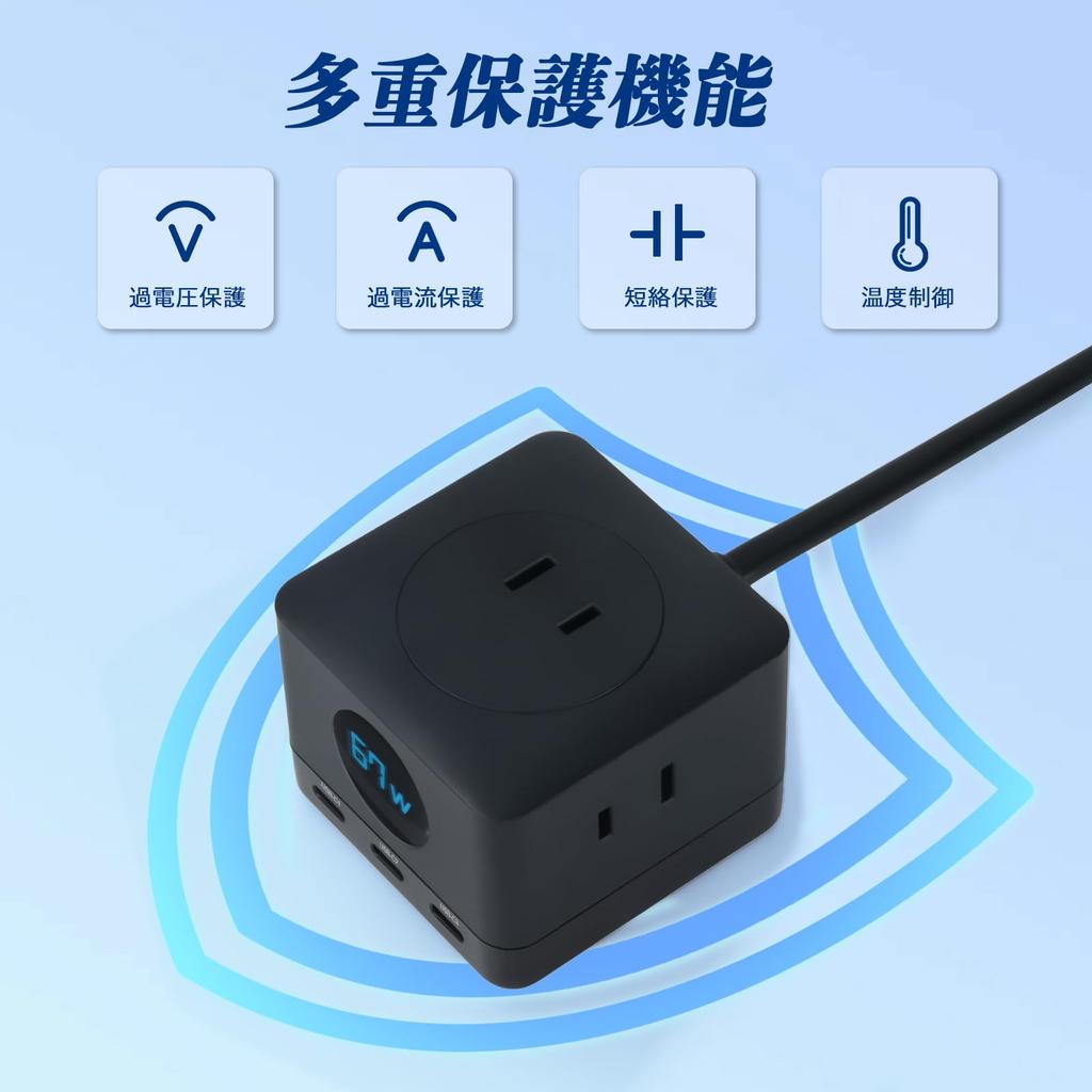EnergyPro Power Strip USB GaN PD LED Extension 6 3 AC 3 Fast Compatible with and Other Black Charger, 67W, Display, 1.5m Cord, Ports, Ports, USB-C