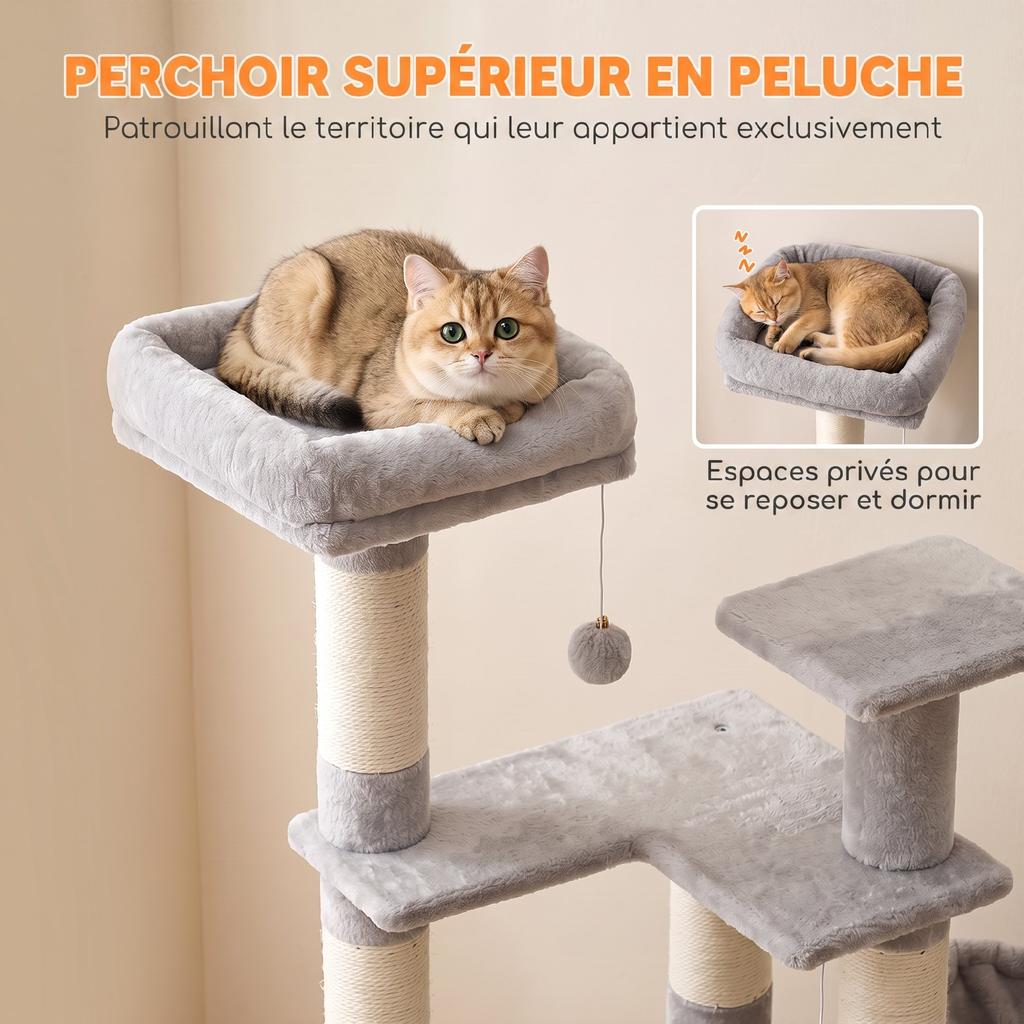 Cat Tree, 5-Level, 152 cm, Cat House, Hammock, Platform, Scratching Posts, Hanging Balls, Light Grey