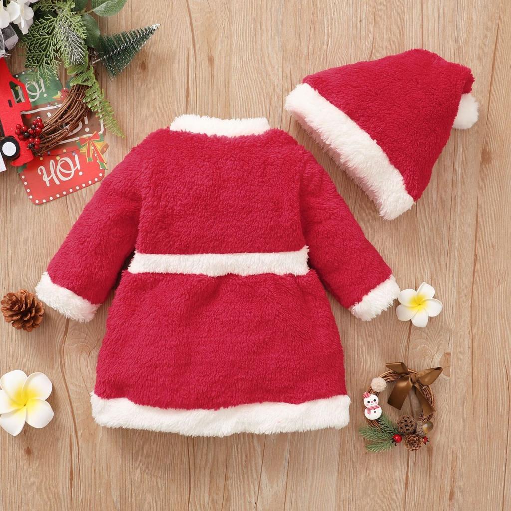 Solid Color Fleece Christmas Kids Dress With Hat & Puff Sleeves