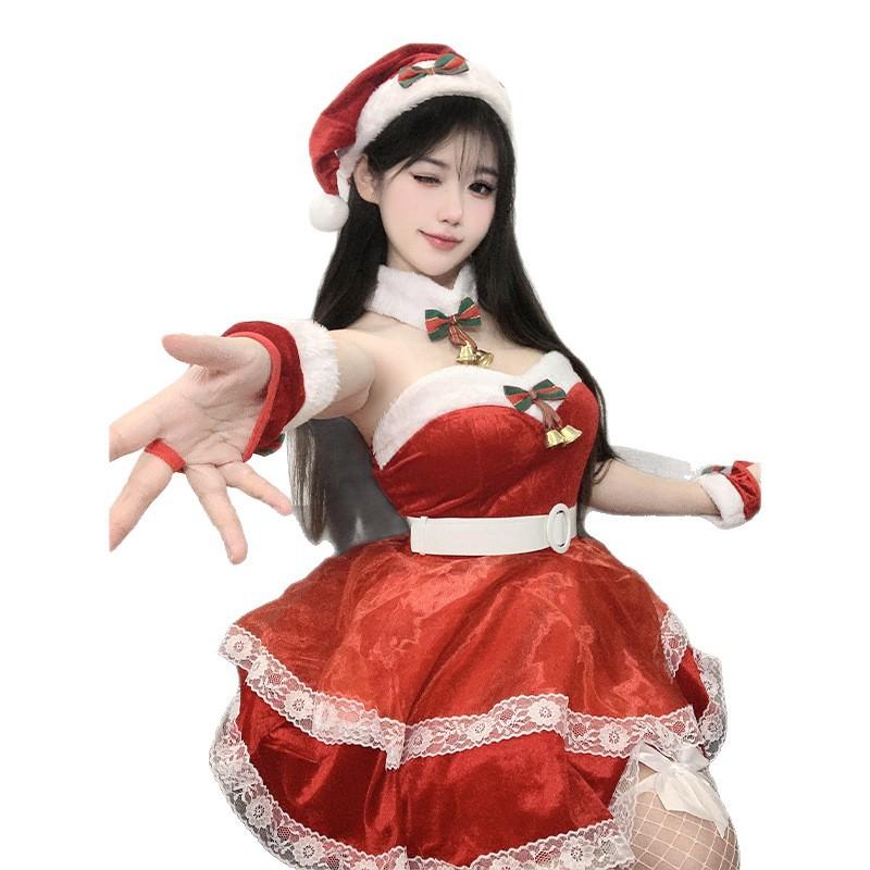 Erotic underwear atmospheric bandeau red dress women's autumn and winter New Year cosplay set