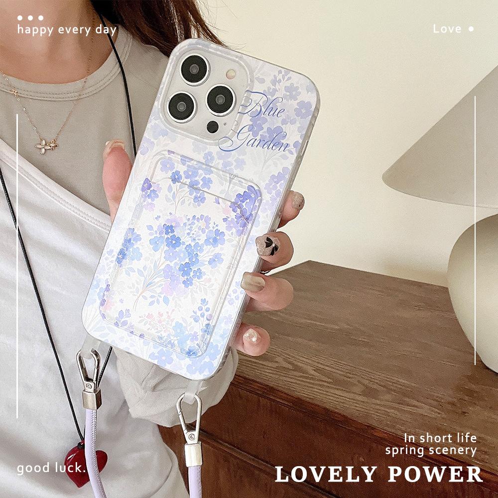 Blue Floral Lanyard Card Holder Suitable for IPhone 16pro Phone Case  IPhone 15 Protective Case  14 Card Insertion 13 Soft