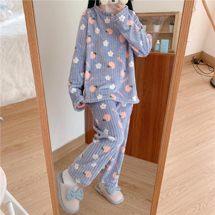 Warm Thickened Women Casual Loose Bear Bow Tie Apple Pajamas Set Sweet Cute Homewear Can Be Worn Outside Fall Winter Outfit