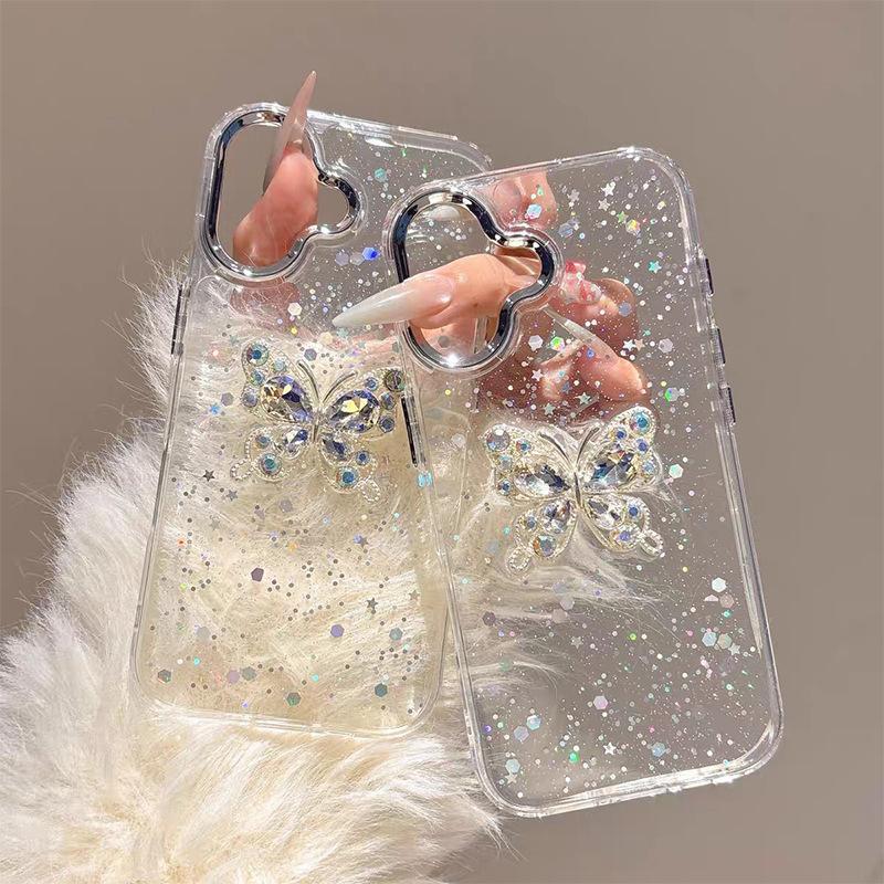 Diamentowy Motyl Brokatowy Różowy Przezroczysty Kropelkowy Pokrowiec na Telefon dla IPhone 16 Promax Moda 14 Damski 17