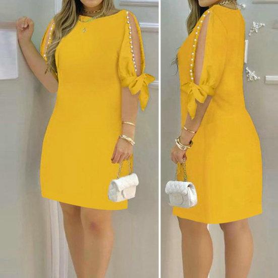 Damen-Kleid, aushöhlen, kurze Ärmel, Rundhalsausschnitt, einfarbig, weich, atmungsaktiv, locker, knielang, Kunstperlen-Dekor, Damen-Midikleid für den Pendelverkehr