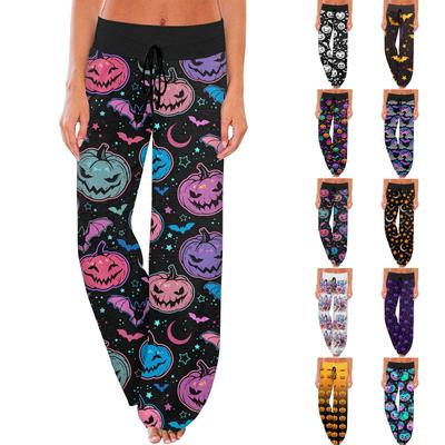 Women's Comfortable Sleeper Pants Halloween Printed Drawstring Wide Leg Pants Casual Pants
