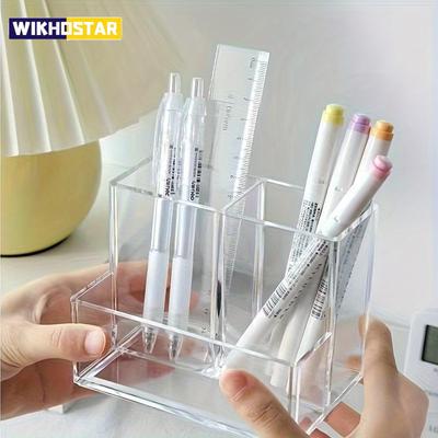 1 Stück Der transparente Acryl-Stifthalter mit drei Fächern zur Schreibtischrenovierung, Studenten-Schreibtischaufbewahrungsbox