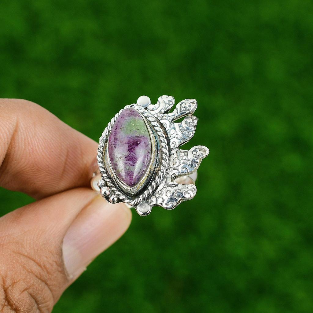 Natural Ruby Zoisite Gemstone 925 Silver Multi Stone Adjustable Ring For Women