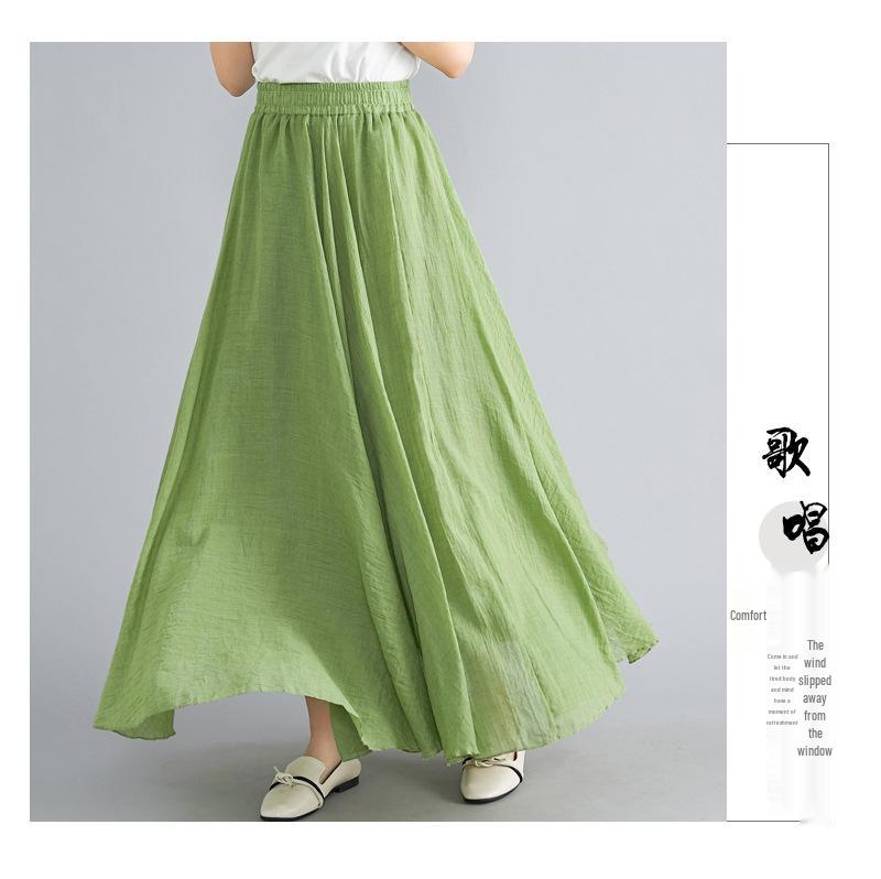 Mori Girl Plus Size Cotton Linen Midi Skirt - Elastic Waist, A-line, Solid Color, Ethnic Style, Long Length