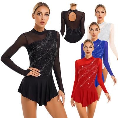 Dames kunstschaatsen dansjurken strass pure mesh patchwork turnpakje met lange mouwen