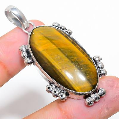 Natural Tiger Eye Gemstone Handmade 925 Sterling Silver Pendant 2.13" G1O10