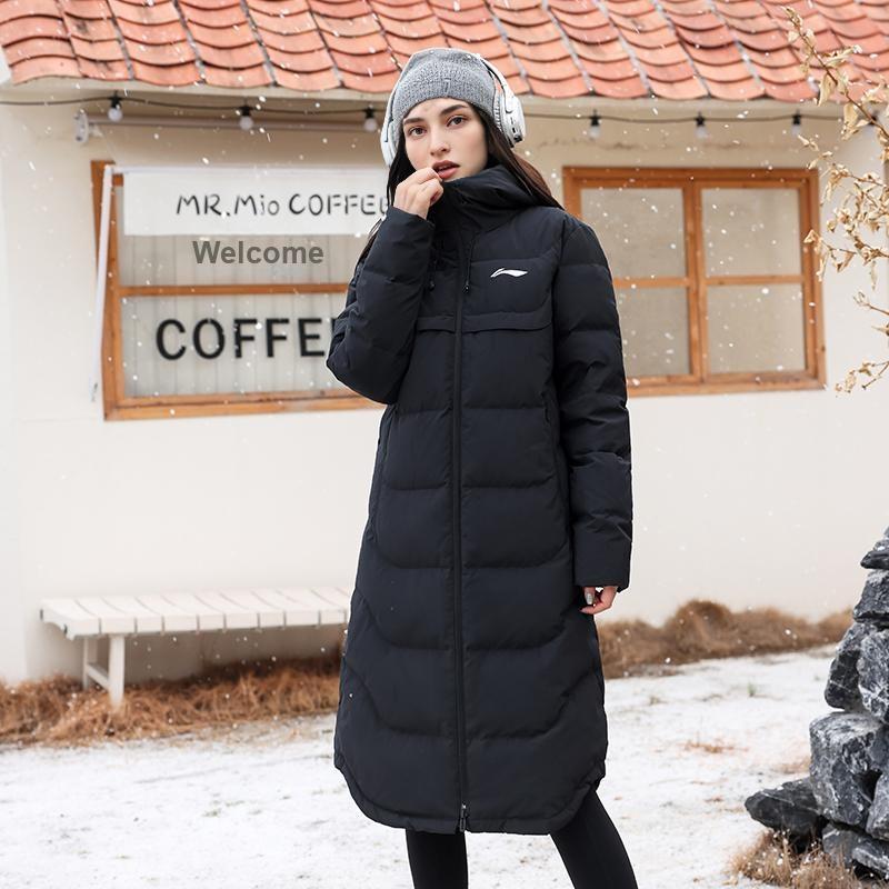 Li Ning Fitness Series Windproof Warm Loose Solid Color Thick Long Hooded Down Jacket Unisex Outerwear Black YYMU151-1