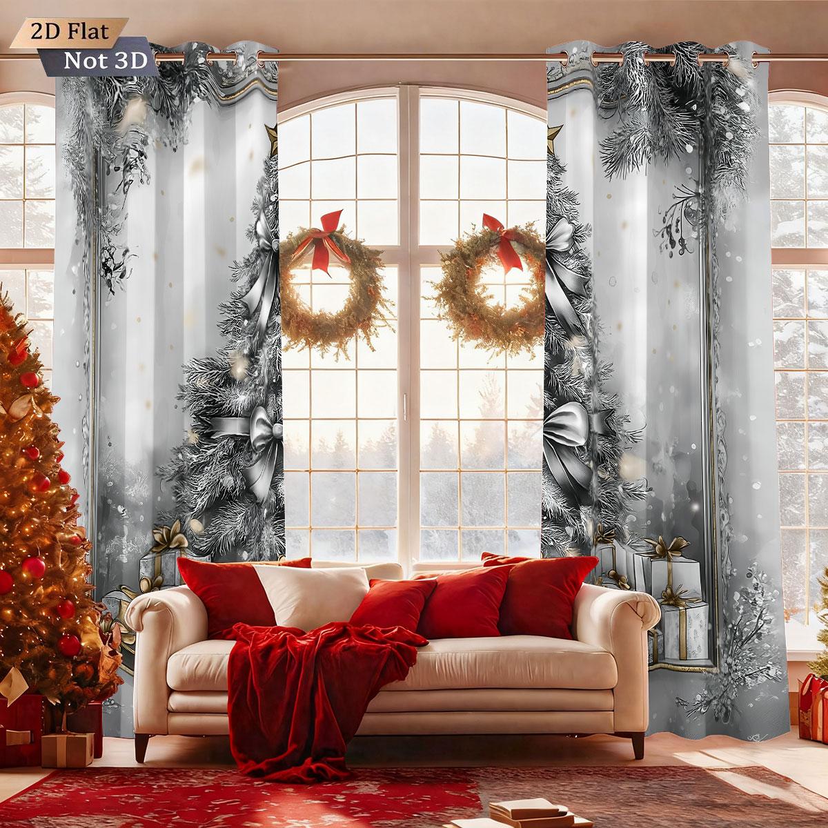 

Christmas Tree White Print Curtains Multiple Size Living Room Insulation Holiday Decoration Curtain With Blackout Polyester Machine Washable Perfect W100*H70(CM)-Rod Pocket&1PCS