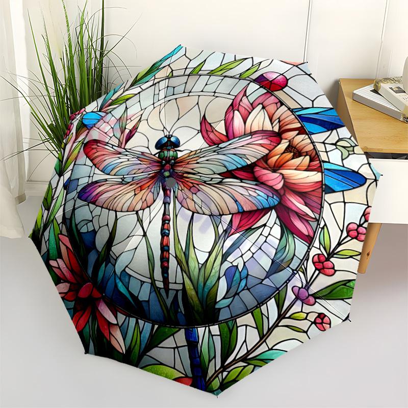 1pc Stained Glass Dragonfly Automatic Open/Close Umbrella with Windproof, Functional Design, 8-Rib Sturdy Canopy