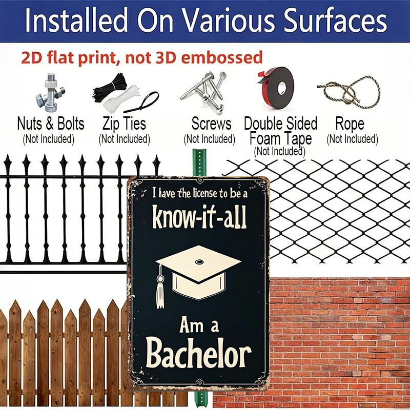 2D Flat, 1pc Vintage Bachelor's Degree Metal Wall Sign - Graduation Cap & Diploma Aluminium Academic Decor with Funny "Know-it-All Bachelor" Phrase