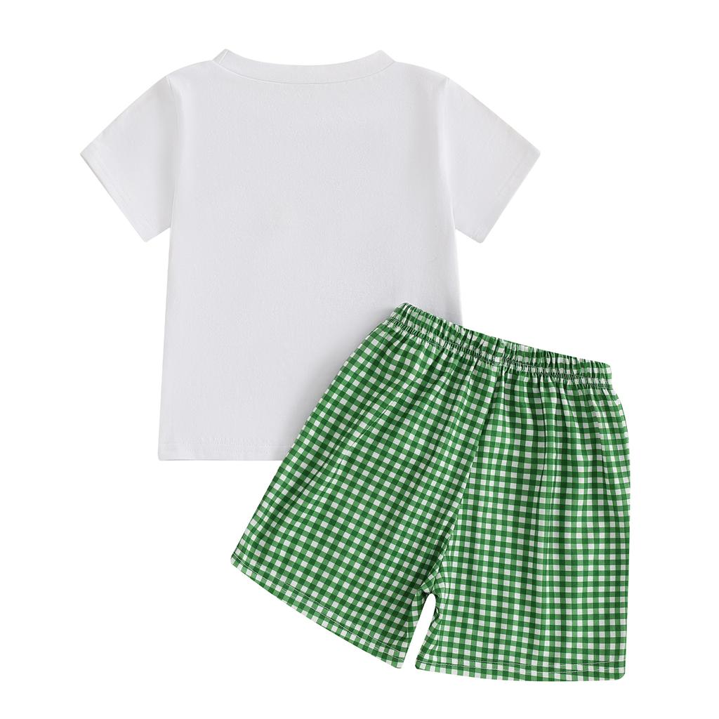 Baby Toddler Boy Shorts Set Tractor Embroidery Short Sleeve T-shirt Plaid Shorts 2 Pcs Summer Outfit