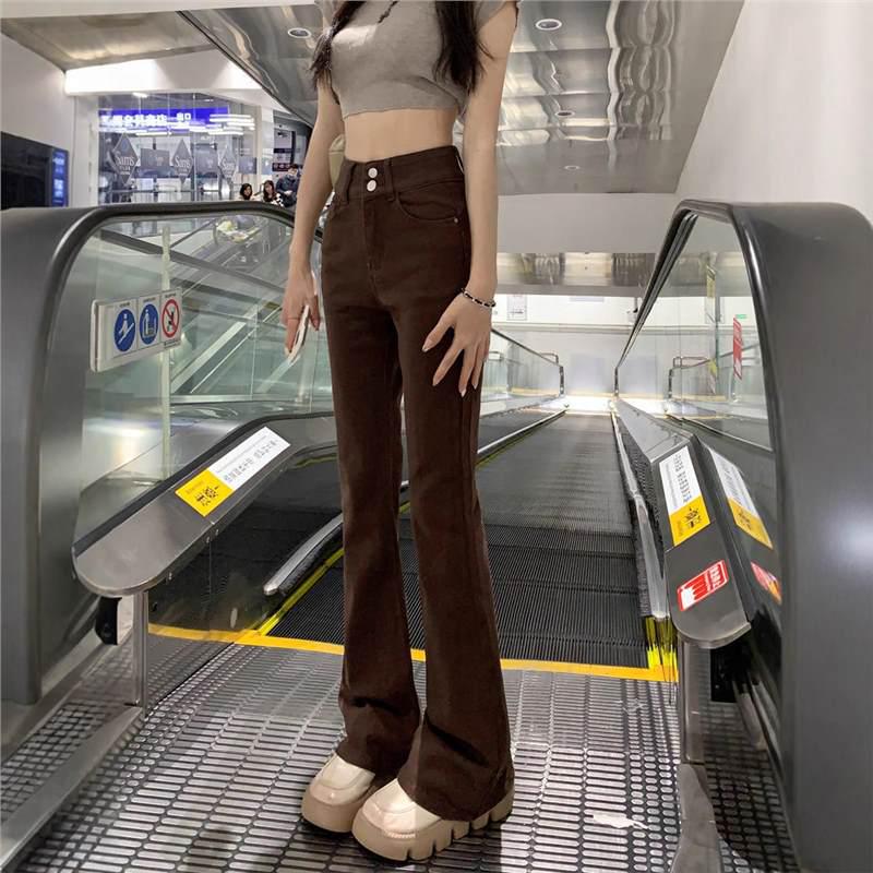 2025 Brown High-Waisted Slimming Micro-Flare Jeans for Women - Autumn Coffee-Colored Floor-Length Bell Bottoms