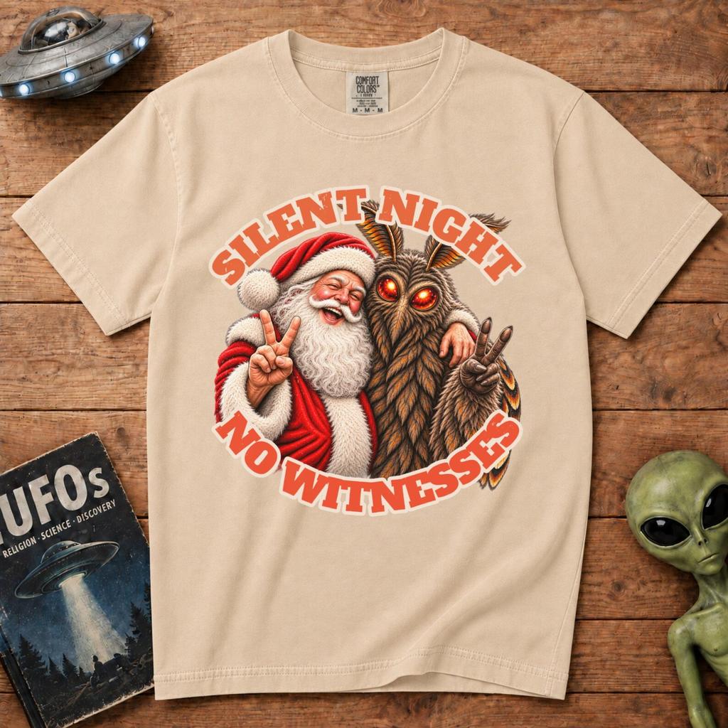 Mothman Christmas T-Shirt, Funny Silent Night No Witnesses Shirt, Cryptid Santa Graphic Tee, Dark Humor Holiday Gift for Cryptid Lovers