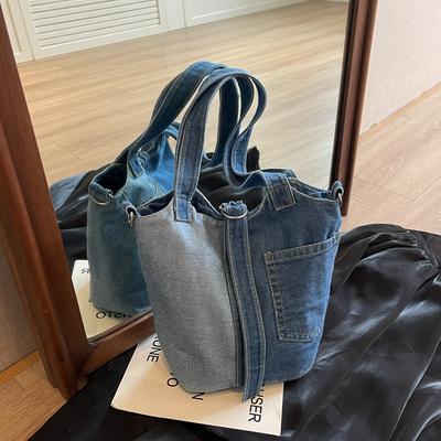 Niche Bucket Canvas Bag Women's Bag Literary Fashion Hand Bill Shoulder Bag Patchwork Denim Crossbody Bag