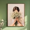 Stampa su Tela con Figure Astratte Verdi e Donna Fiore Ritratto Femminile Minimalista Japandi Poster Artistico per Decorazione Soggiorno Moderno