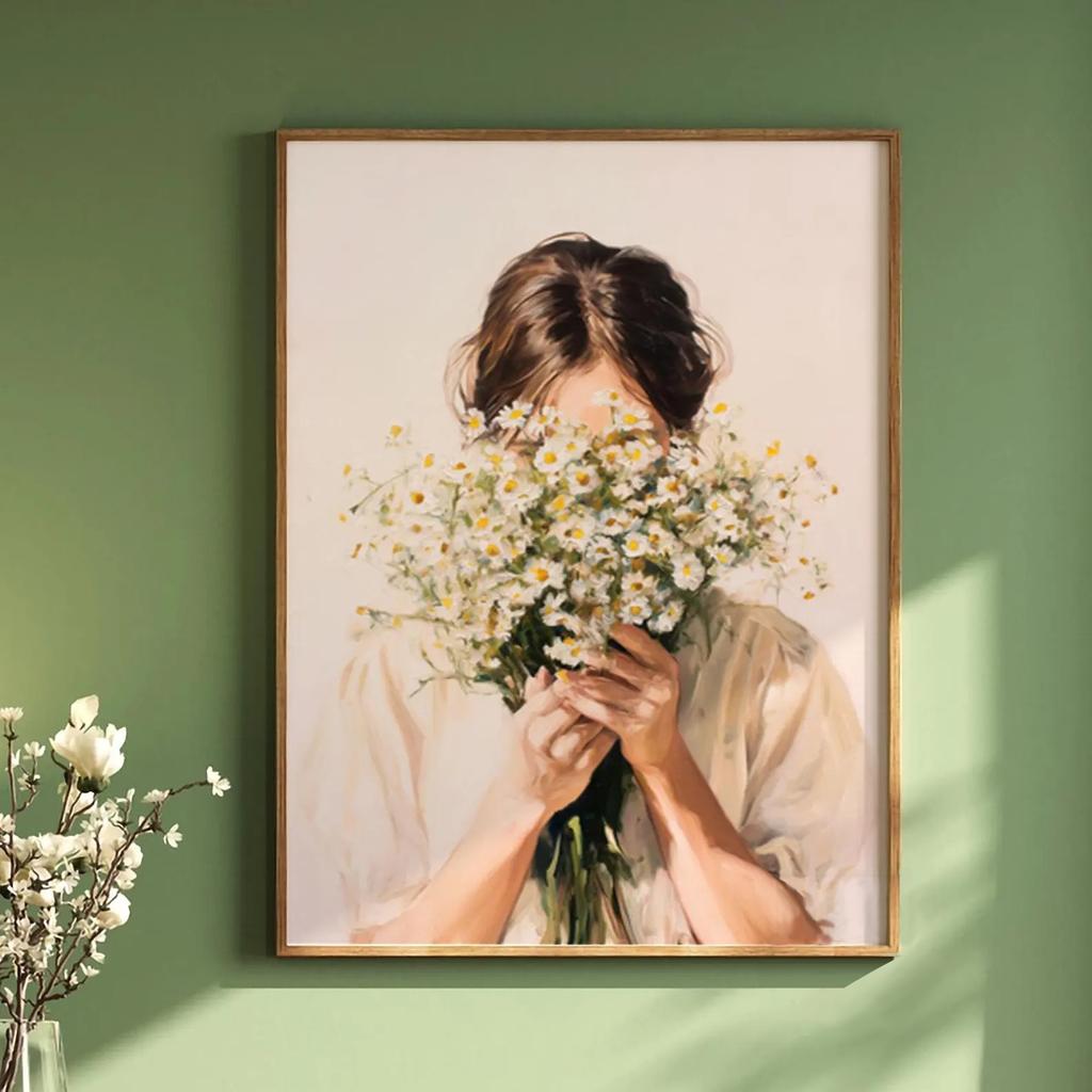 Stampa su Tela con Figure Astratte Verdi e Donna Fiore Ritratto Femminile Minimalista Japandi Poster Artistico per Decorazione Soggiorno Moderno