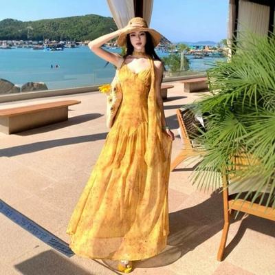 Seaside Vacation-style Yellow Floral Spaghetti Strap Dress for Women, Summer French Tea Break, Stunning and Unique Long Dress