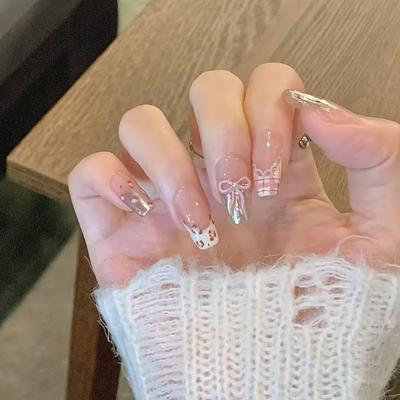 Pure Hand-wearing Armor Pink Leopard Print French Magic Mirror Gradient Temperament Sweet Mesh Bow Nail Fake Nail