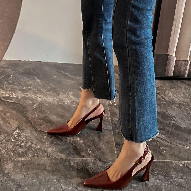 Poplar Forest with the Same Burgundy Sexy Bag Head Sandals Women's Rear Strap Patent Leather Versatile Thin Heel Pointed High Heels Women