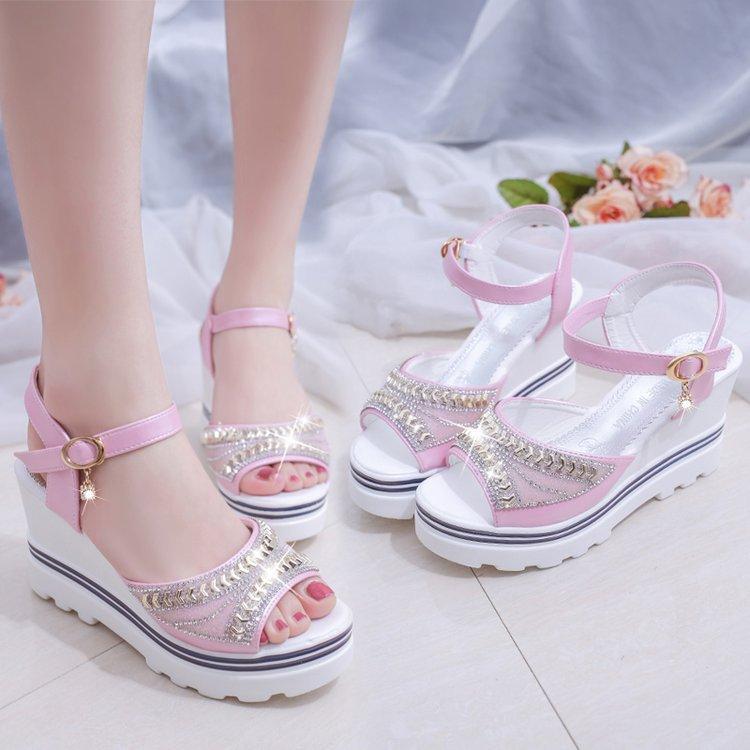 Móda Ženy Letní Lodičky Platforma Sandál Klínky Crystal Peep Toe Sandály