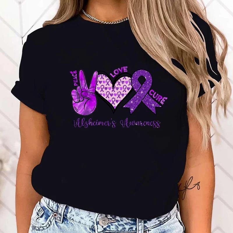 

(Футболка высокого качества)Новые Горячие Футболки Мир Любовь Лекарство Осведомленность об Альцгеймере Мода Женщины Девушки Летняя Футболка Повседневная Футболка M чёрный