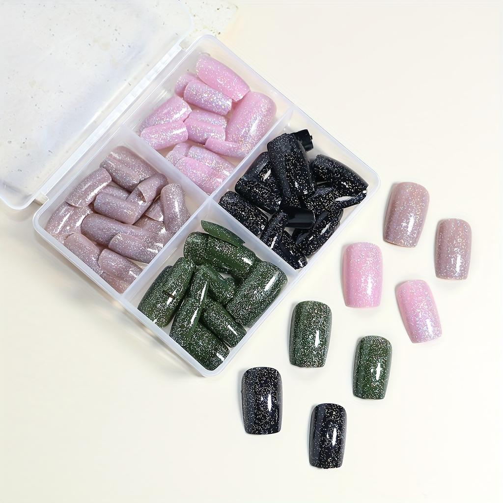 96 Stück mittellange quadratische Press-On-Nägel, künstliche Nägel mit Glitzerpuder-Dekor, glitzernde Vollnägel für Frauen