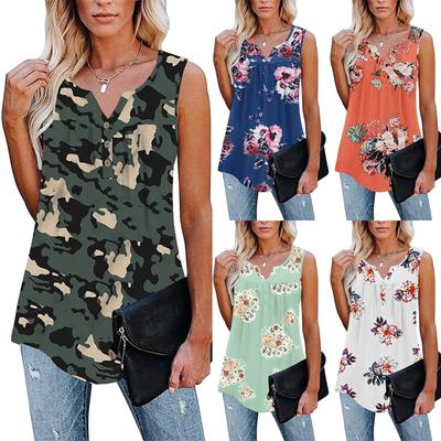 Moda Donna Estate Scollo a V Senza Maniche Stampe Top Volant Largo Tunica Blusa