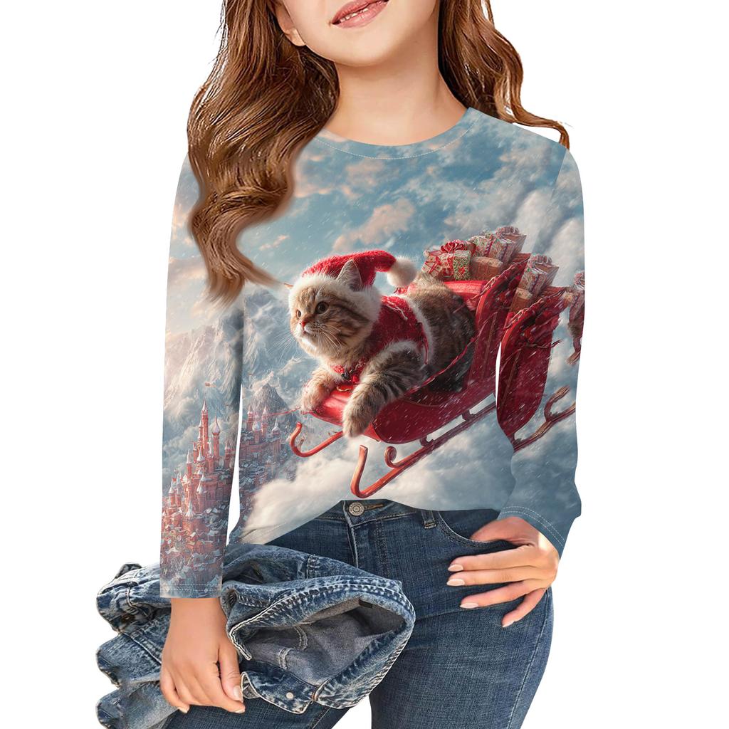 Christmas Day Girls Long Sleeve T Shirts Kids Fall Tops Crewneck Printed Basic Tees