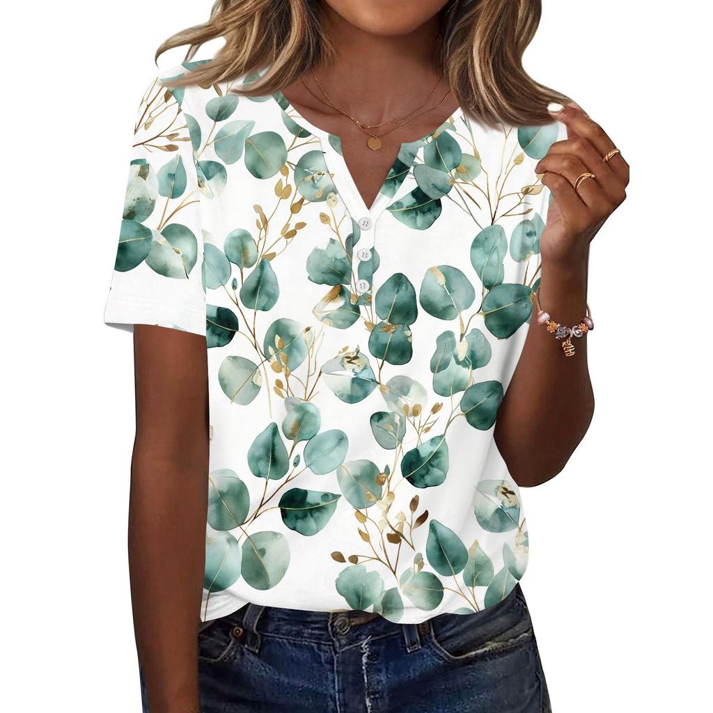 Women's T Shirt Print Button Short Sleeve Daily Weekend Fashion Basic V- Neck Regular Top