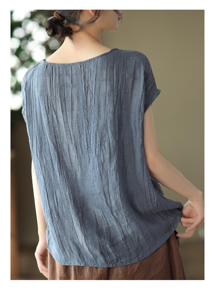 Women's Stylish Summer 2026 Solid Color Tencel Shirt - Loose Fit, Round Neck, Short Sleeves