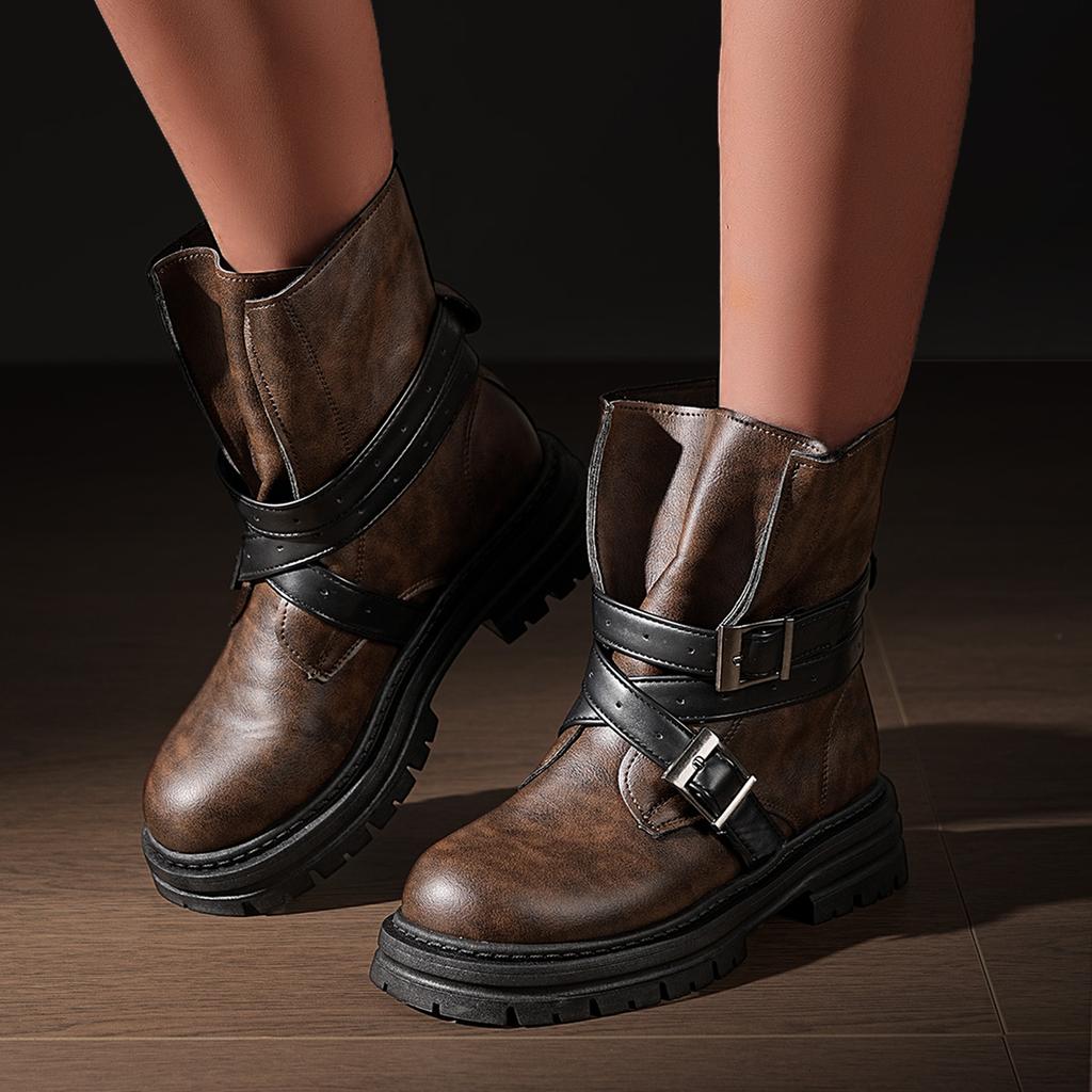 Girls Belt Buckle Design Motorcycle Boots Spring And Autumn New British Style Thick Heel Lightweight Midsole Boots Women 23