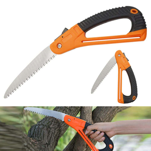 Folding saw, 230mm blade, 180mm blade length, ideal for camping, woodworking, gardening, and pruning. Features a non-slip resin grip and a safety lock