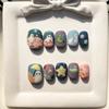 Hand-Painted Press-On Nails Short Square Cat Eye Design Cute Kawaii Style Wearable Nail Tips Women