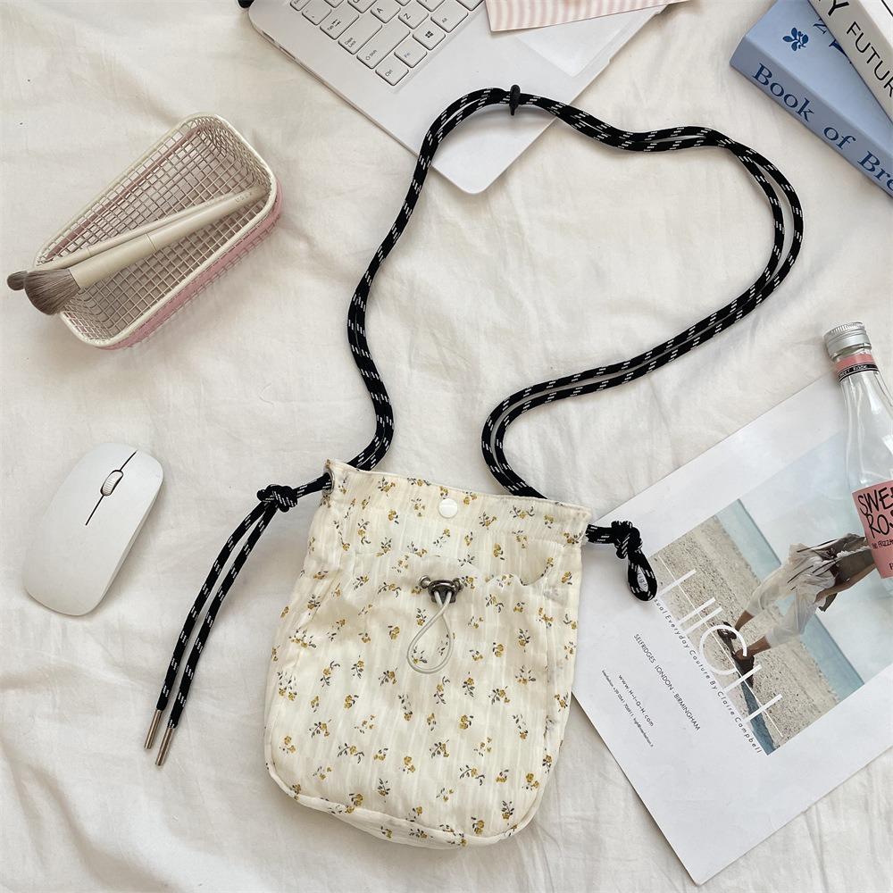 Minimalist Style Drawstring Canvas Crossbody Bag Small Lightweight Shoulder Bag Floral Print Coin Purse Women Girl