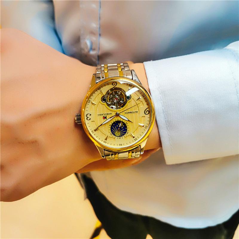 AOKULASIC Men Wristwatch Automatic Mechanical Military Sport Tourbillon Male Clock Top Luxury Stainless Steel Watch Gift 525