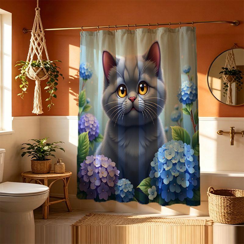 Lovely Cartoon Cat and Hydrangea Floral Shower Curtain Waterproof Bathroom Decor Home Accent Polyester Print