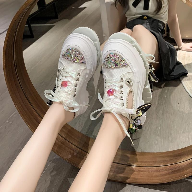 Fashion 2025 New Thick-soled Rhinestone Luxury Half Slippers Autumn Ladies Casual Breathable Sneakers Bow Knot Lovely Lolita Women Shoes