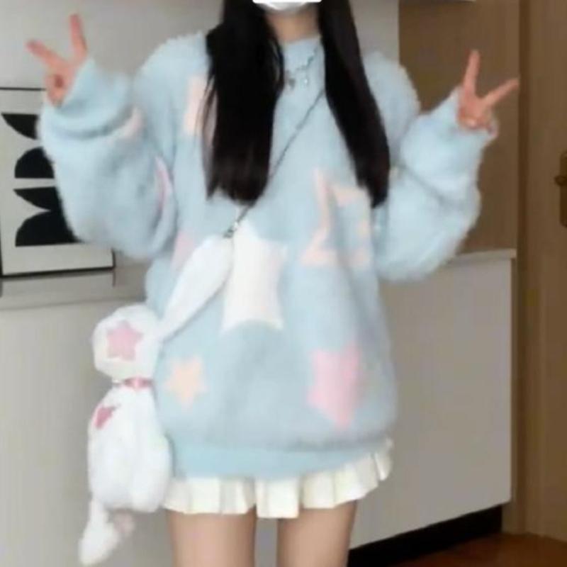 

Женские свитера однотонные с узором в виде звезд, корейские милые вязаные свитера с круглым вырезом, осенний универсальный удобный женский пуловер топ Onesize синий