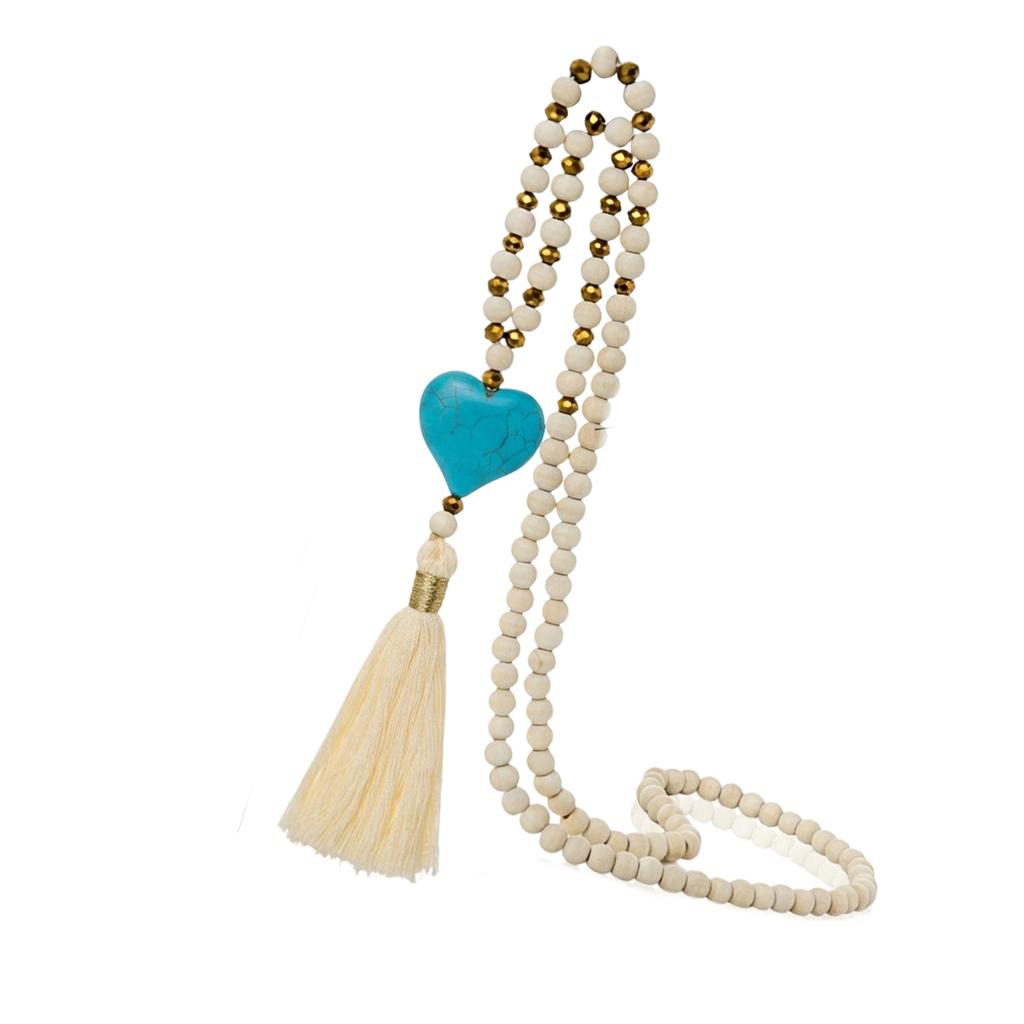 Artistic Retro Inspired Statement Necklace Sweater Chain Jewelry With Imitation Turquoise And Wood Bead Accent