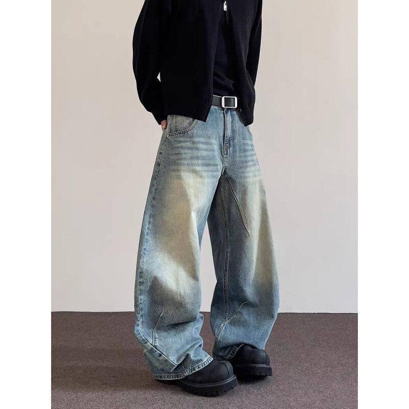New men's jeans American retro scimitar pants loose wide-leg washed trousers personalized folds old pants