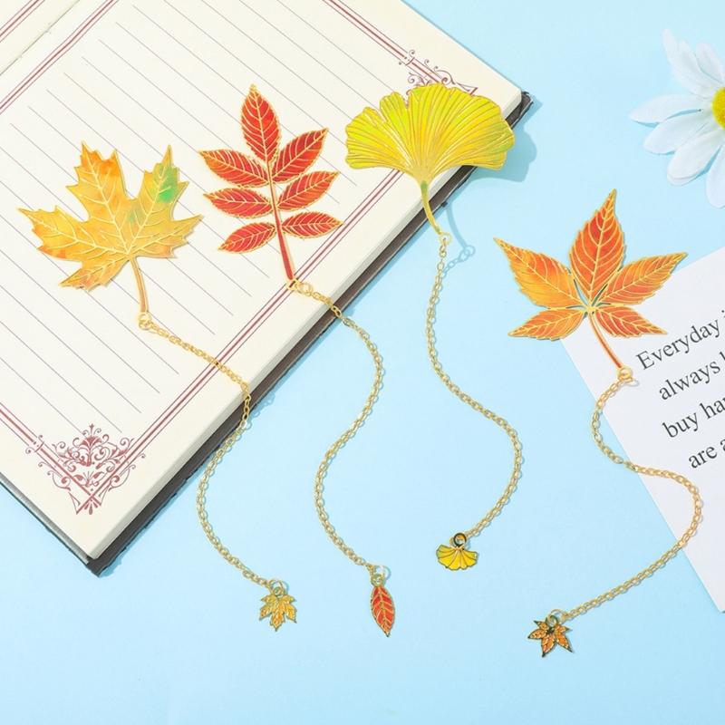 Fall Leaves Metal Bookmarks with Chain Pendant Novel Fiction Page Marker Page Divider for Book Lover Teacher Adult