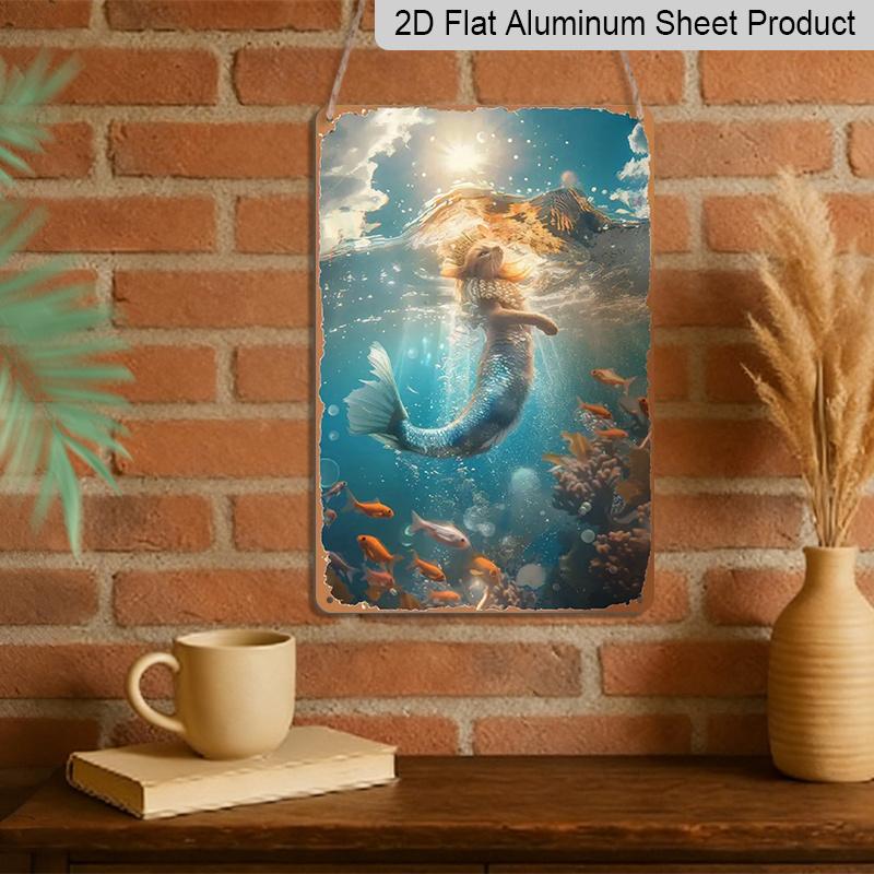 2D Flat, 1pc 7.87*11.8 Inch Vintage Mermaid & Sea Life Aluminum Sign - Enchanting Underwater Scene with Iridescent Wings, Shimmering Scales & Fish